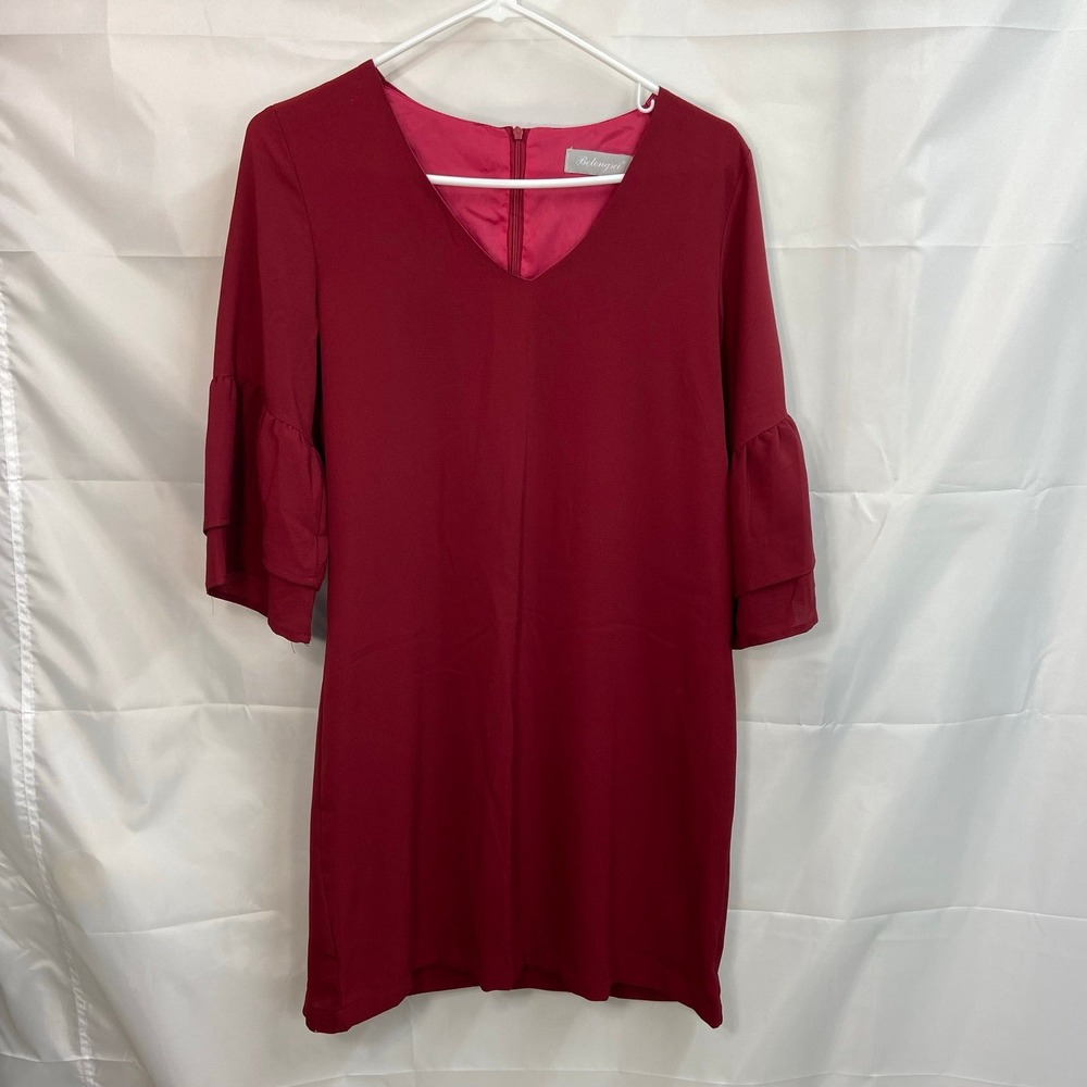 Vintage Belongsci dark red ruffle bell sleeve v-neck casual lined zip mini dress